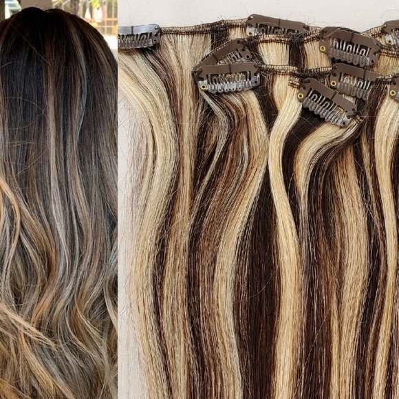 24" 100% Clip in Human Hair Extensions 7Pcs,14 clips # 4/613 - Picture 1 of 4